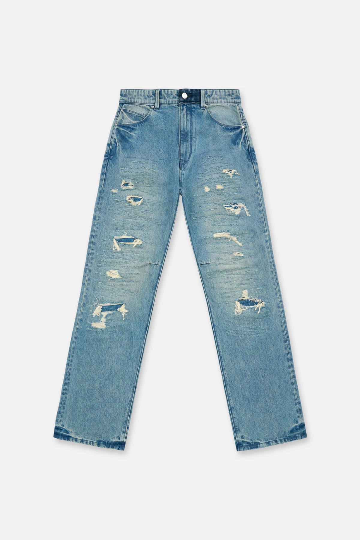 『TEN DENIM STAND SHT BLUE M』 Men's Blue Distressed Straight Jeans | RTA