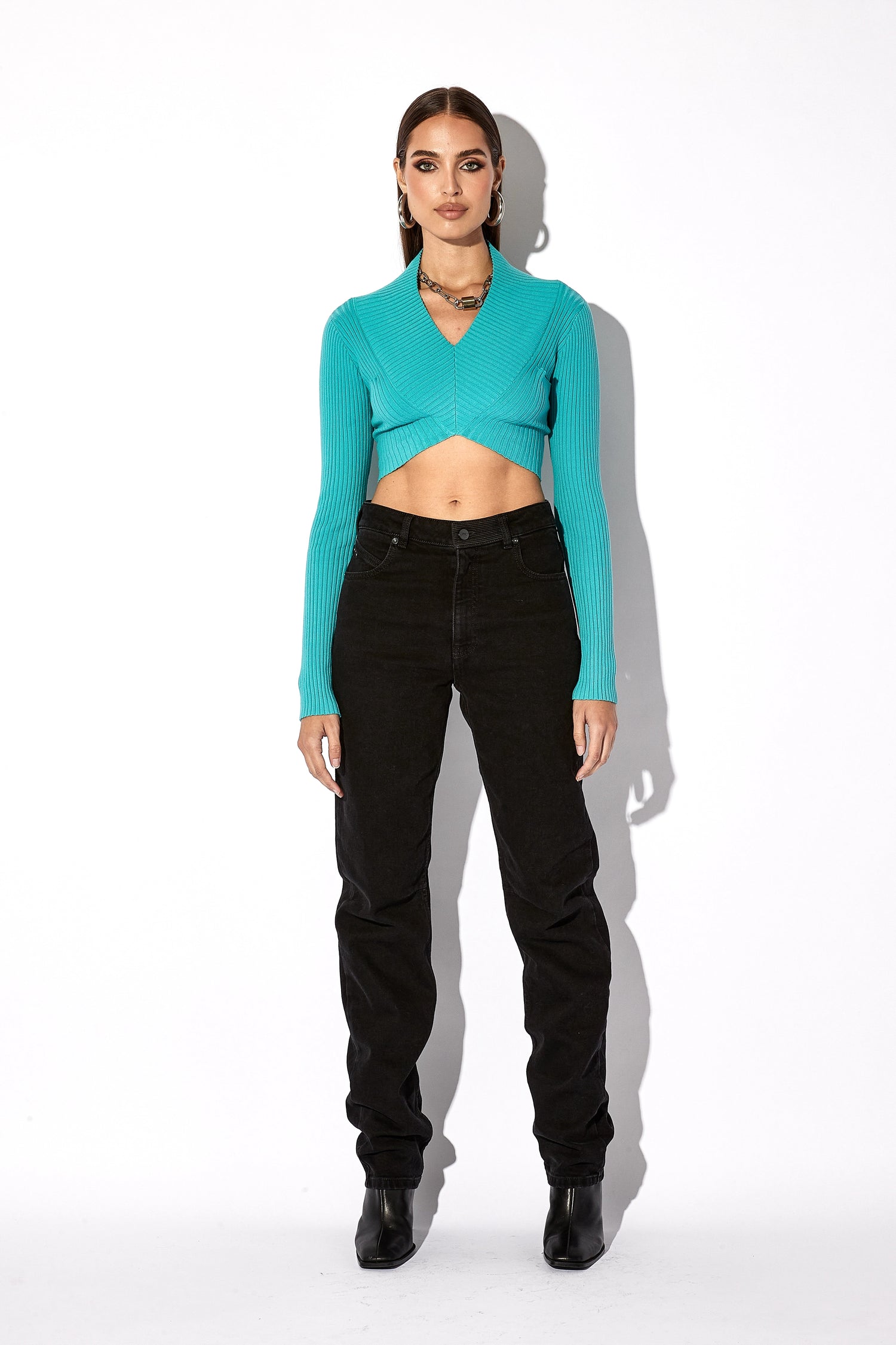 LONG SLEEVE CROPPED KNIT TOP | TEAL