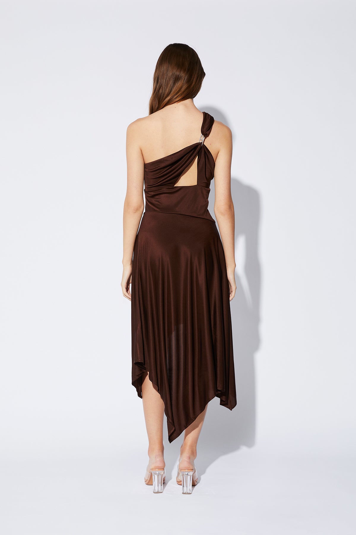ONE SHOULDER JERSEY DRESS | CHOCOLATE BROWN