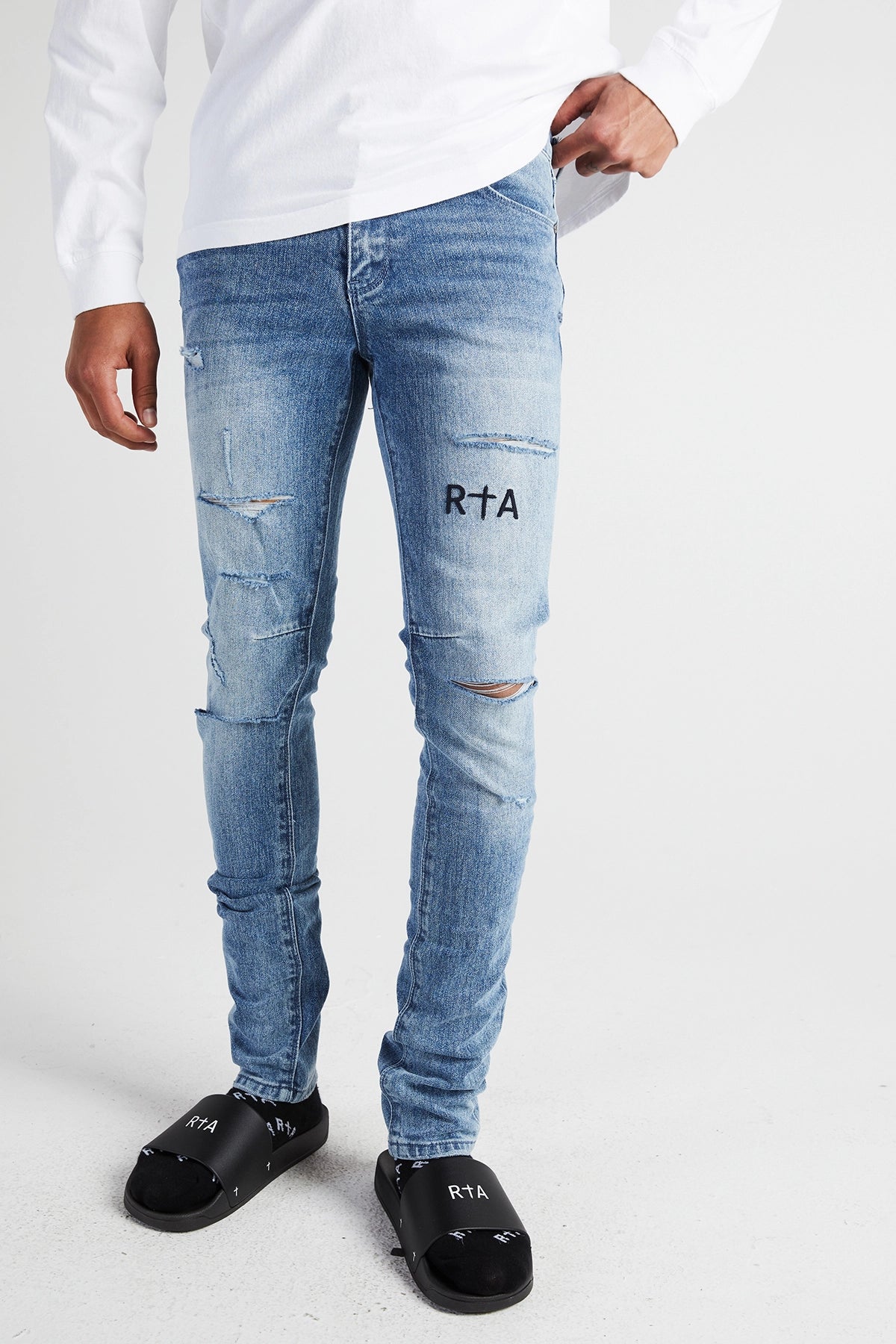 Rta Pinstripe Zip Up Pants In Black And Silver - 24 - Gem