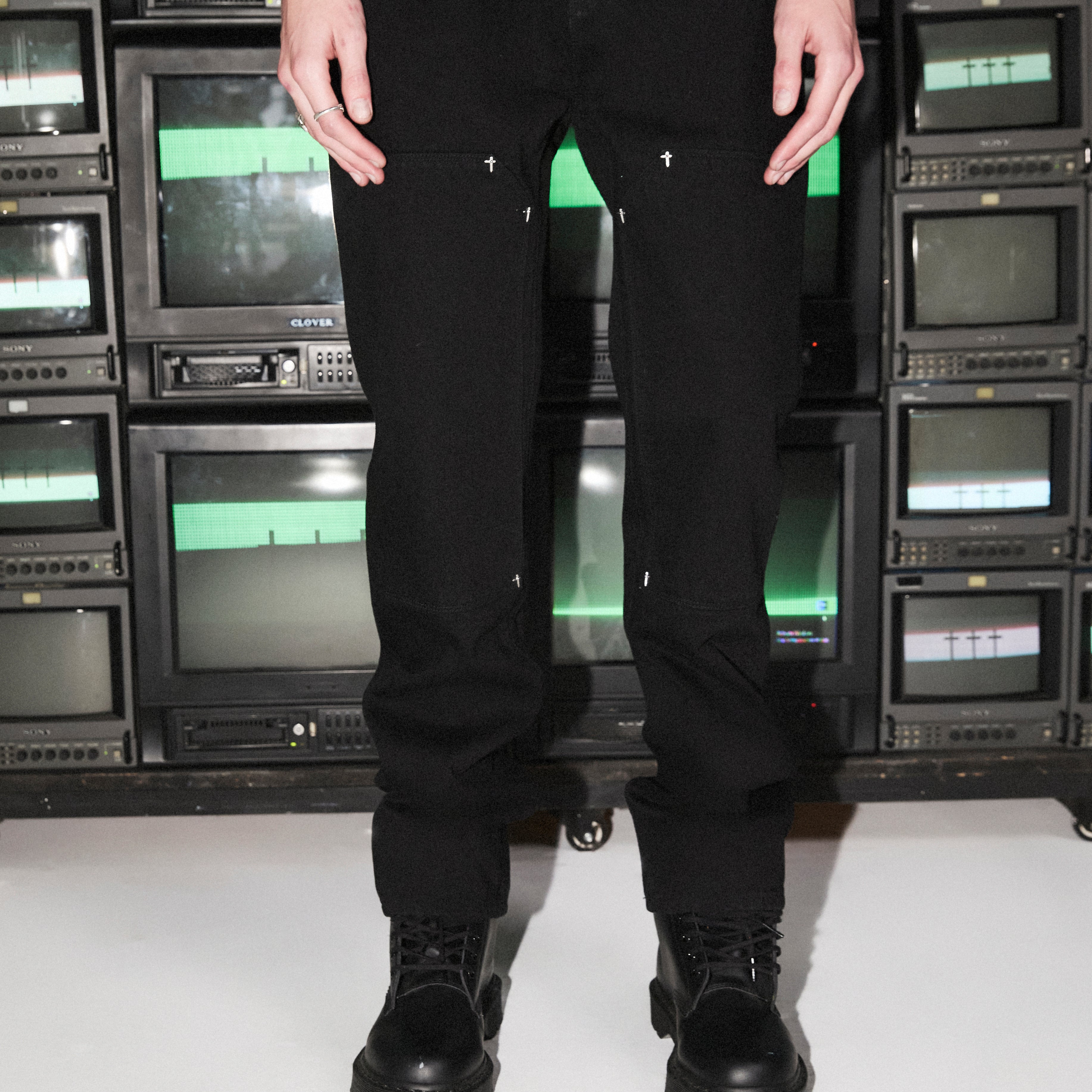 Black Slim Fit Carpenter Jeans with Cross Rivets - On Model Front View | RTA