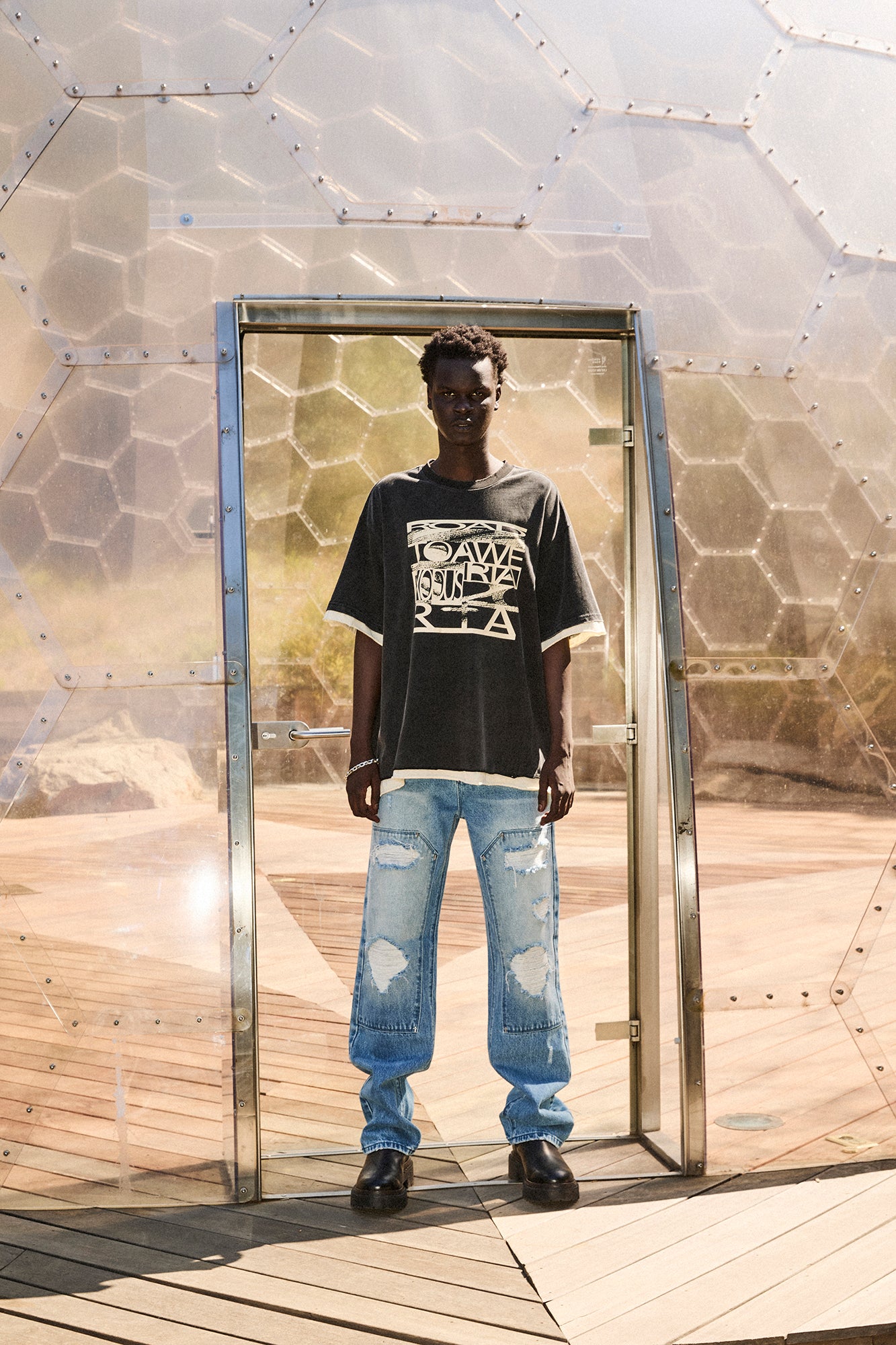 Black Cotton Elian Double Layered Tee - Lifestyle On Model | RTA