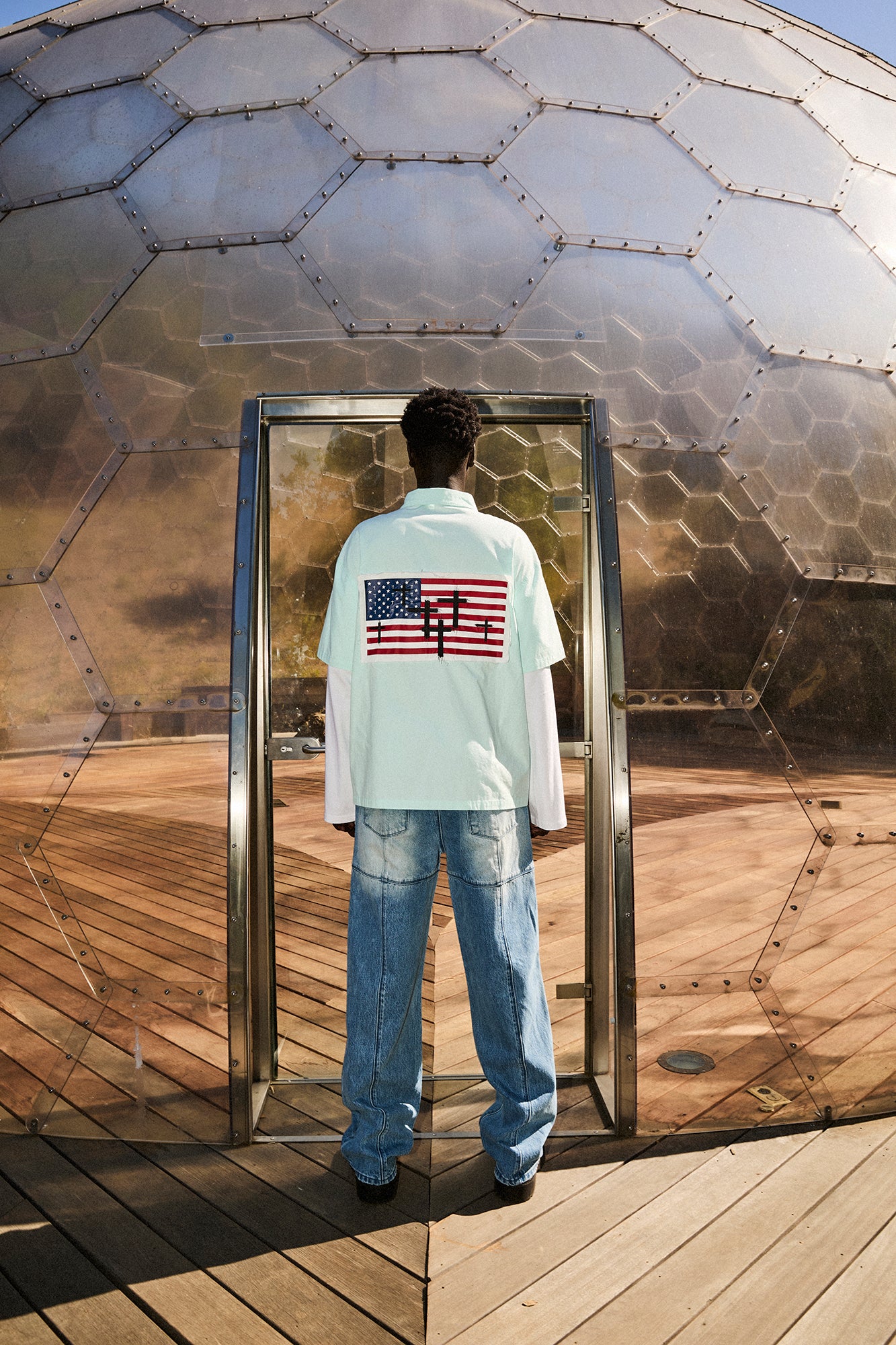 Light Blue Cotton Erik Double Layer Shirt with American Flag Cross Print - Back View On Model | RTA