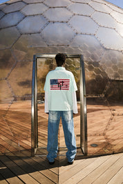 Light Blue Cotton Erik Double Layer Shirt with American Flag Cross Print - Back View On Model | RTA