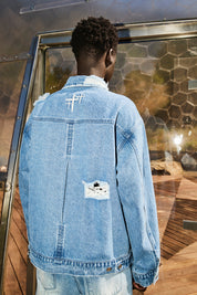 Glacier Blue Cotton Denim Jacket - Back View with Triple Cross Motif | RTA