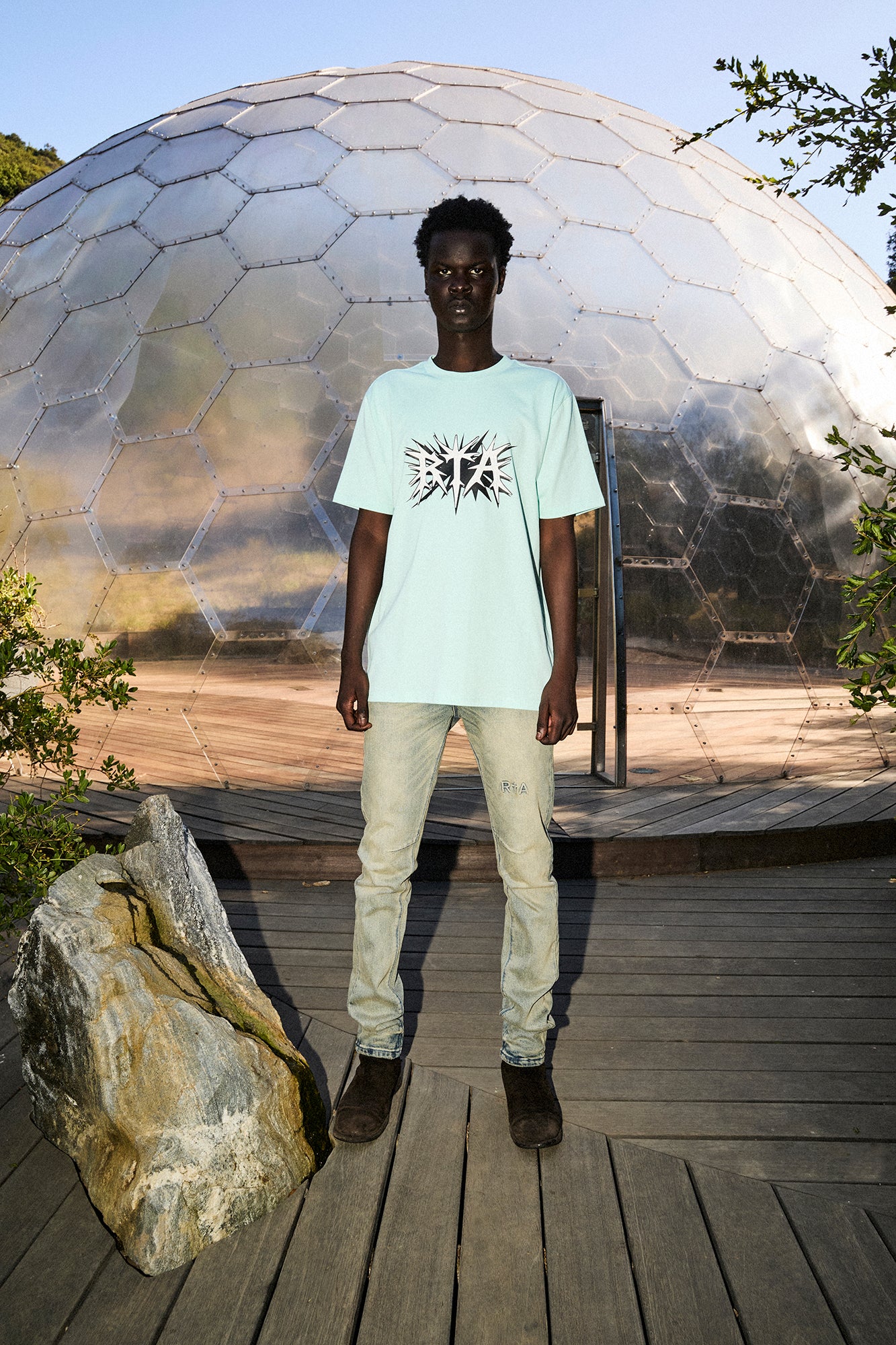 Turquoise Cotton Liam Spike Logo Tee - Model Lifestyle Shot | RTA