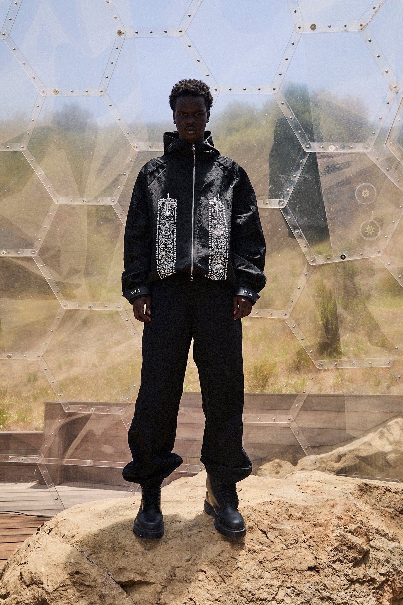 Black Paisley Windbreaker Jacket - Full Body On Model | RtA