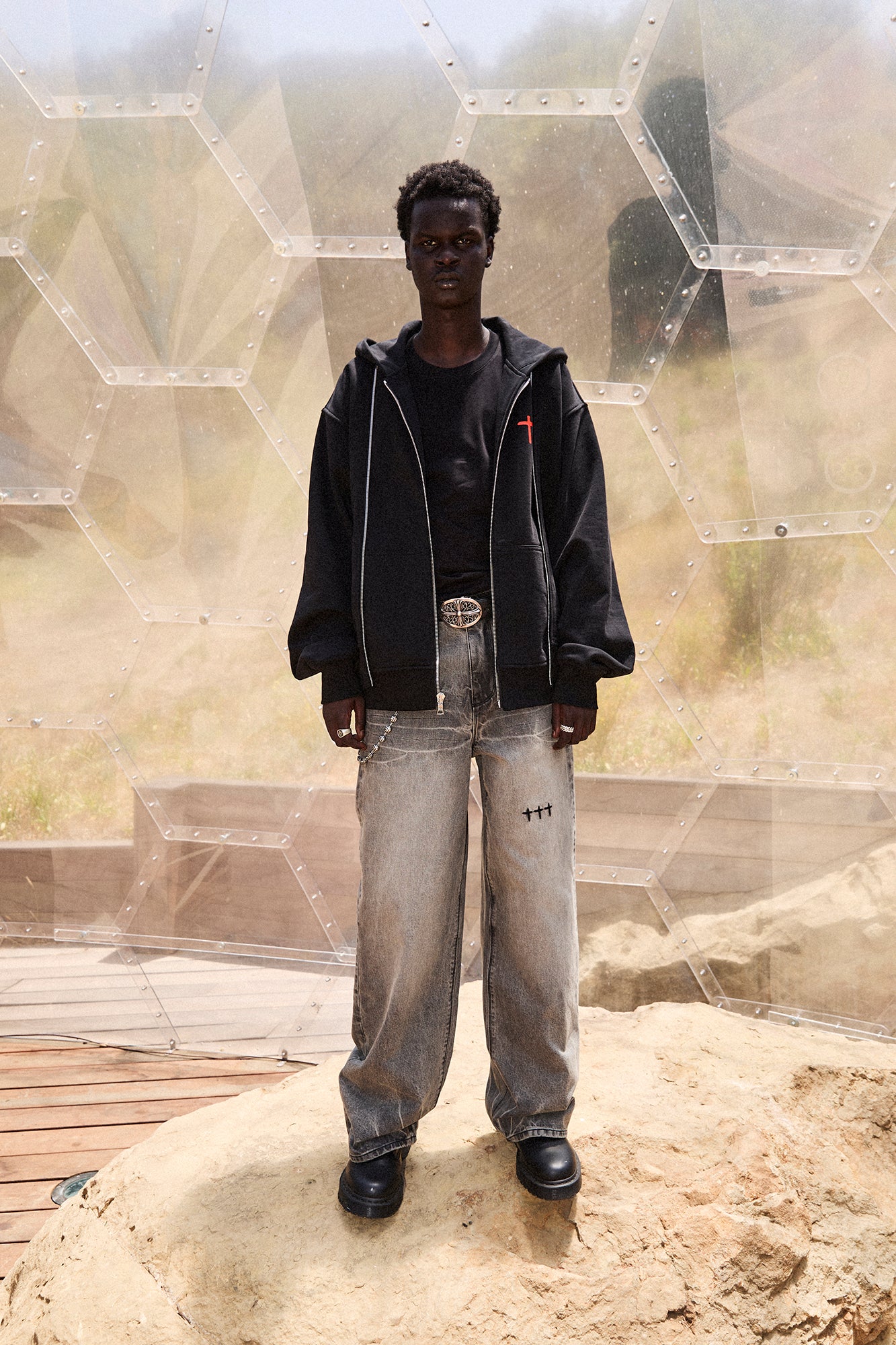 Grey Denim Franco Wide Leg Jeans - On Model Full Body | RTA
