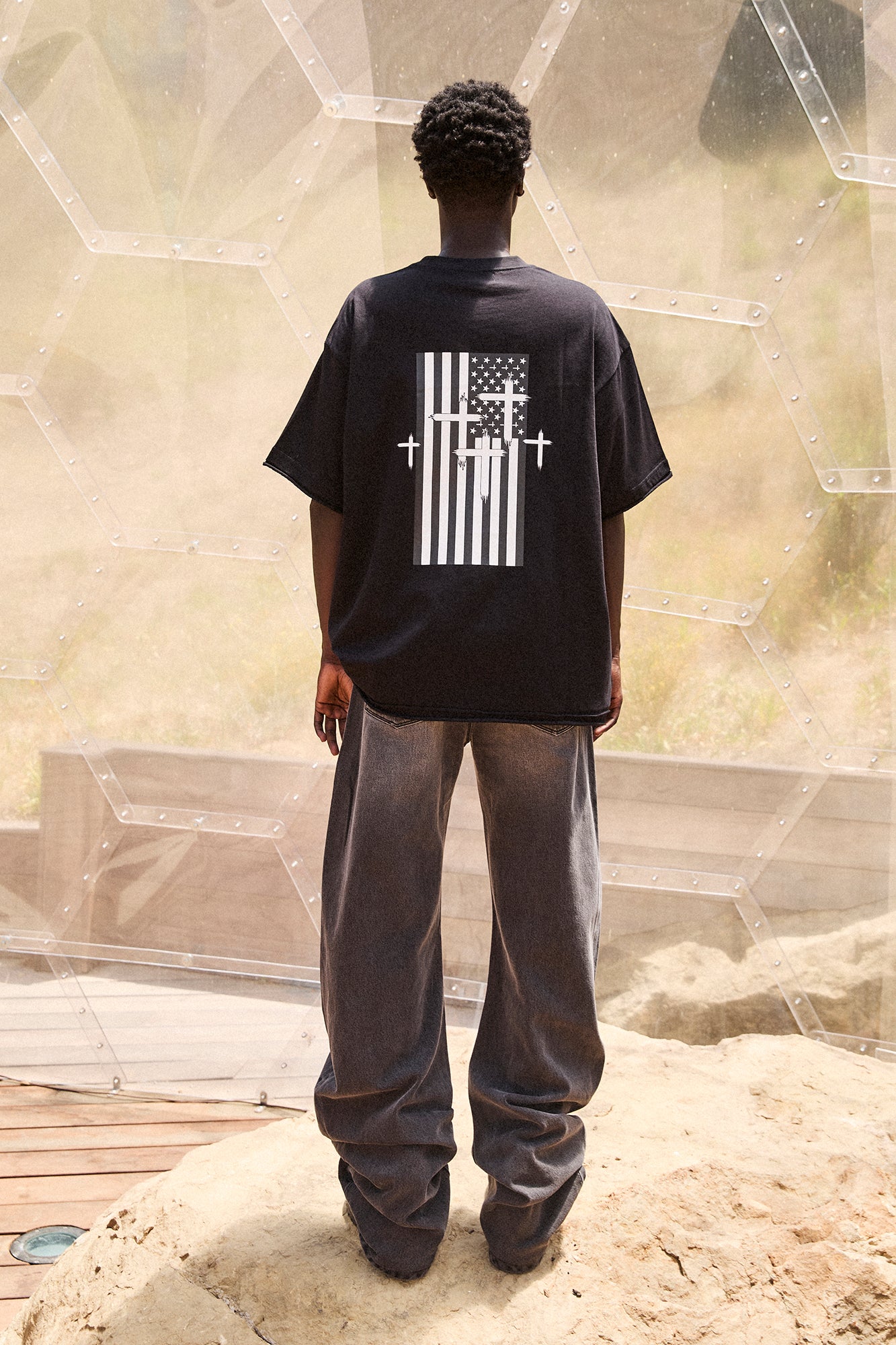 Black Cotton Elian Double Layered Tee - Back View with Flag Graphic | RTA