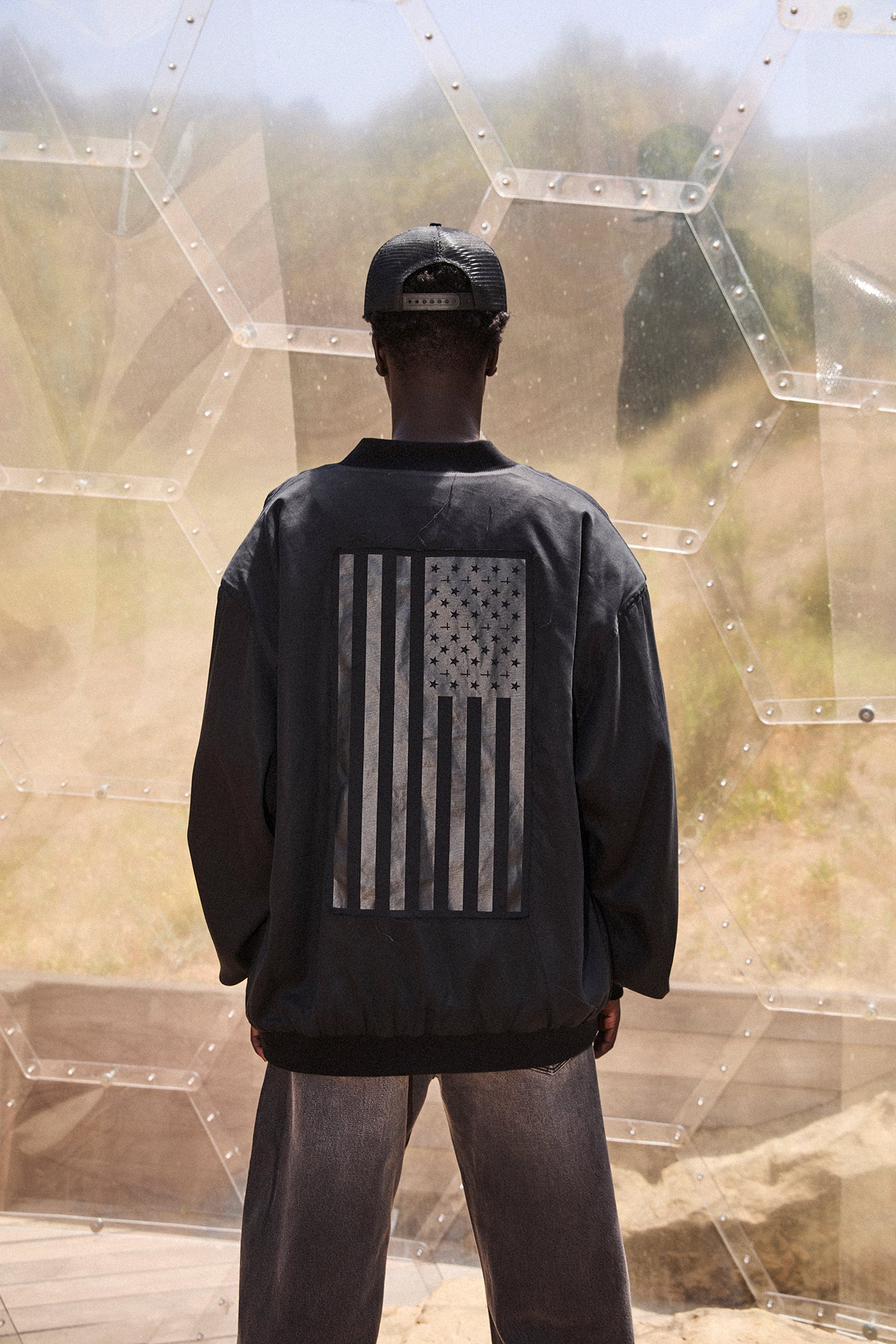 Black Leonard Bomber Jacket - Back View American Flag Graphic | RTA