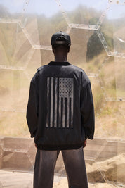 Black Leonard Bomber Jacket - Back View American Flag Graphic | RTA