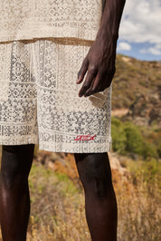 Sand Crochet Clyde Shorts - Side Detail with Red RTA Logo | RTA