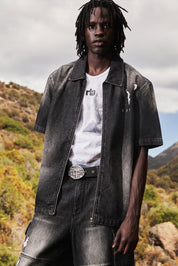 Faded Black Distressed Denim Zip-Up Shirt - On Model Outdoor Styled Look | RTA