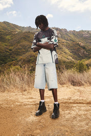 Light Blue Gustavo Denim Shorts with Cursive Embroidery - Styled Look Outdoor | RTA