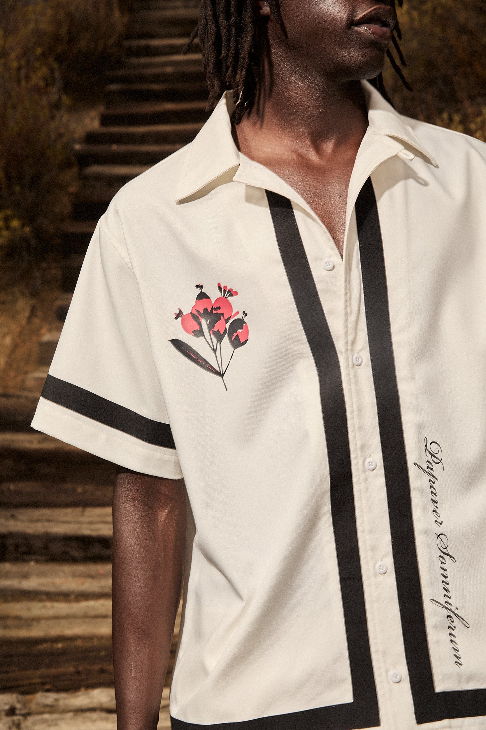 White Nathan Poppy Print Short Sleeve Shirt - On Model Detail | RTA