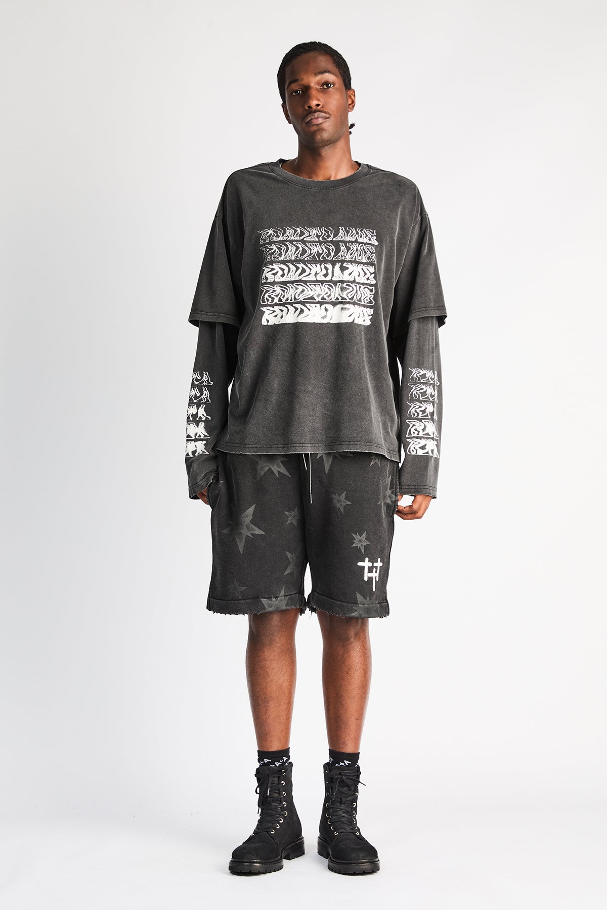 Black Star Print Clyde Shorts - Full Outfit Front View | RTA