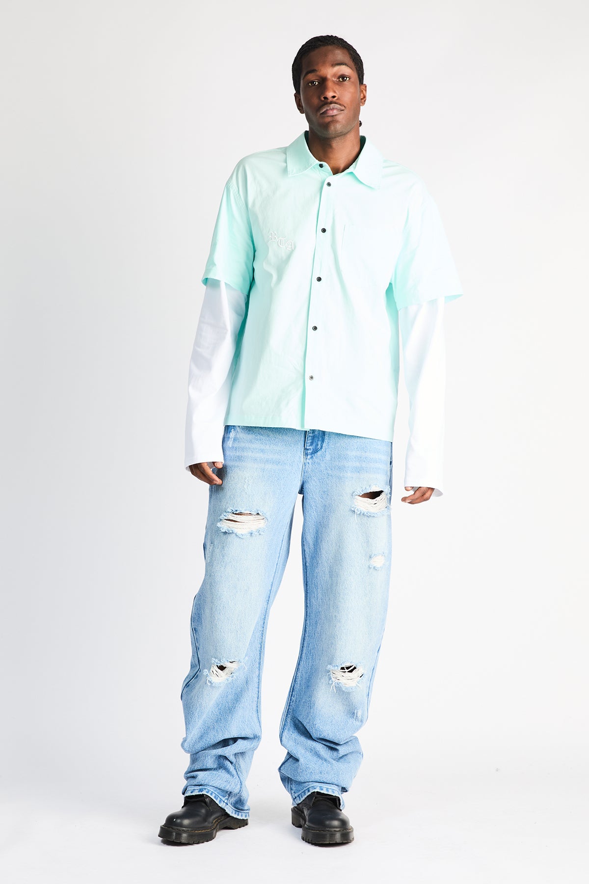 Glacier Blue Barrel Leg Streetwear Jeans - On Model Front | RTA