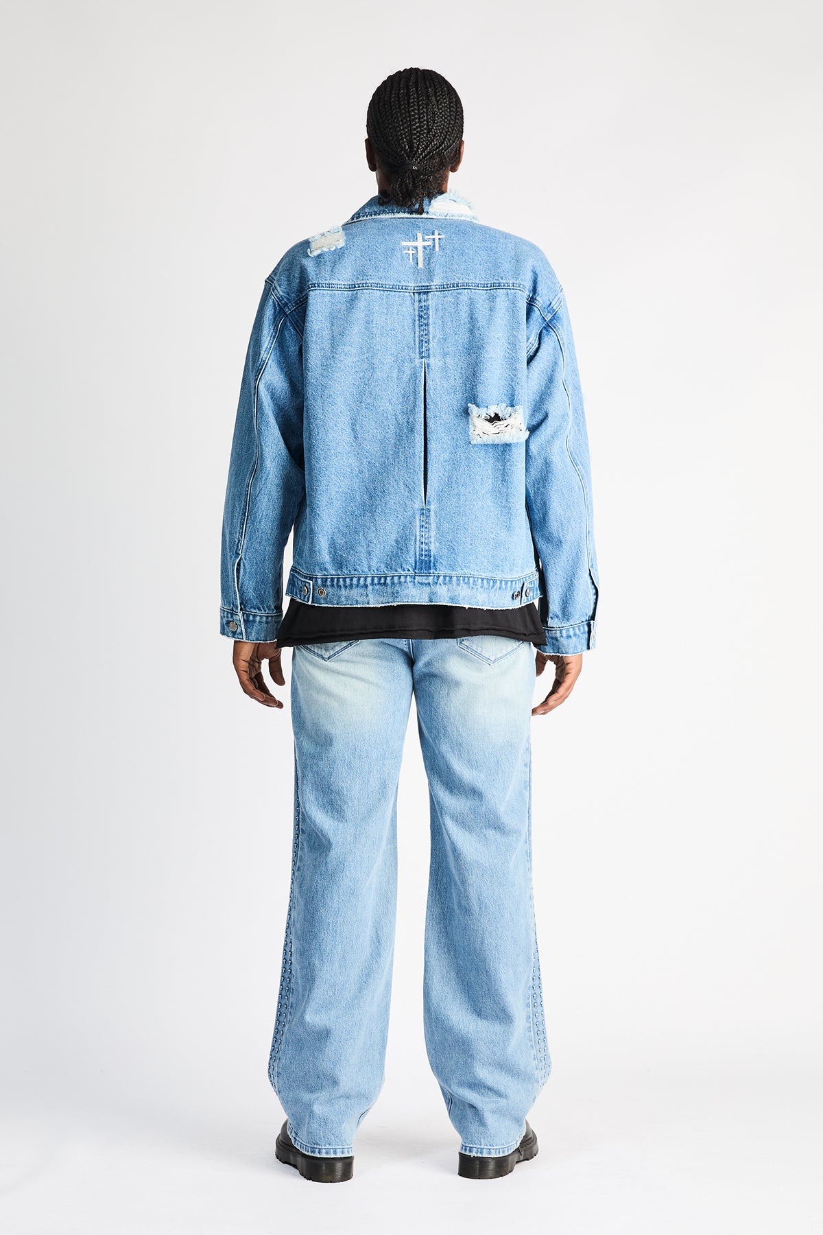 Glacier Blue Distressed Denim Jeans with 3D Cross Details - Male Model Back View | RTA
