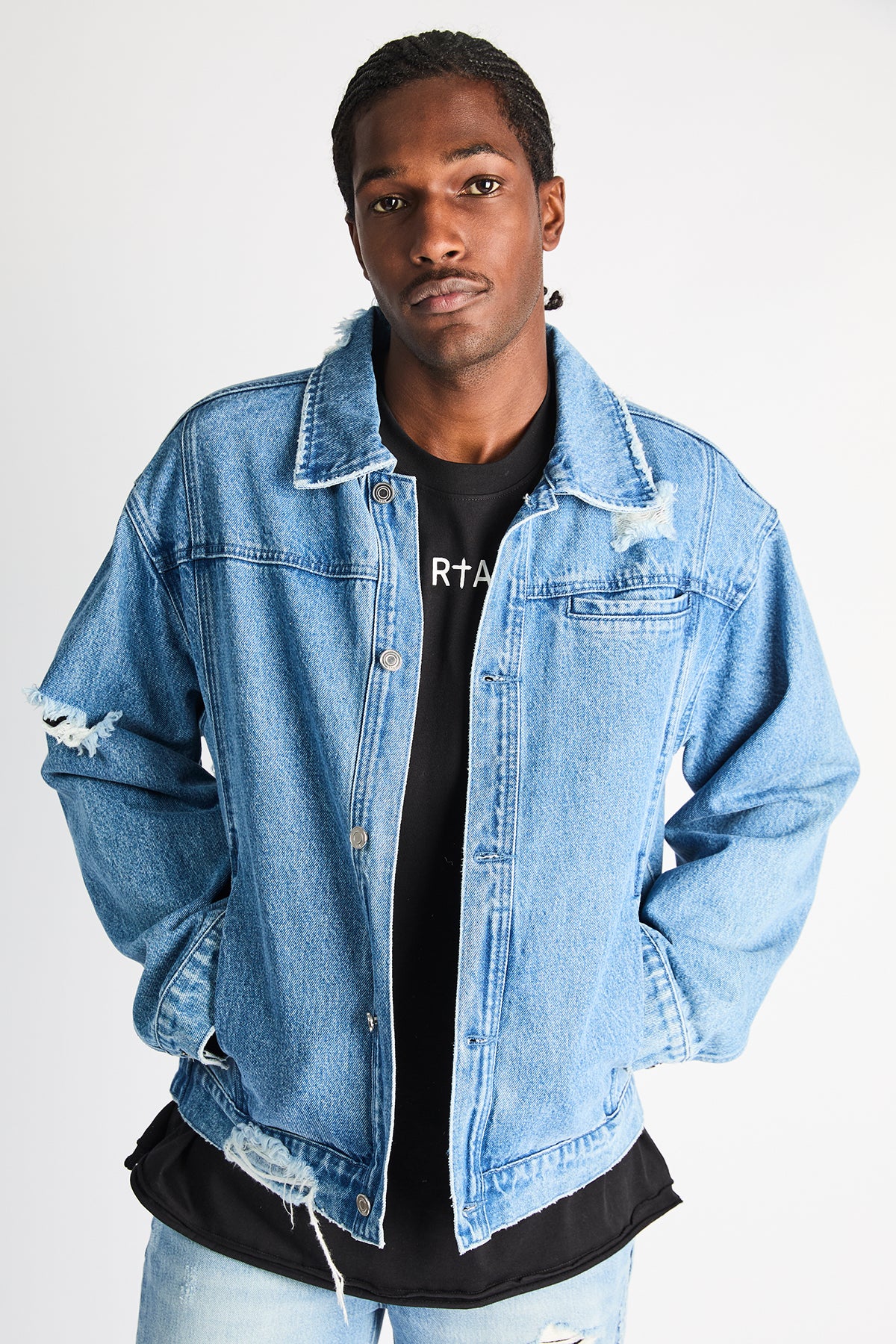 Glacier Blue Valentiano Denim Jacket - On Model Front View with Distressing | RTA