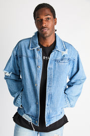 Glacier Blue Valentiano Denim Jacket - On Model Front View with Distressing | RTA