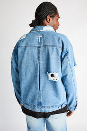 Glacier Blue Denim Jacket - On Model Back View with Cross Graphics | RTA
