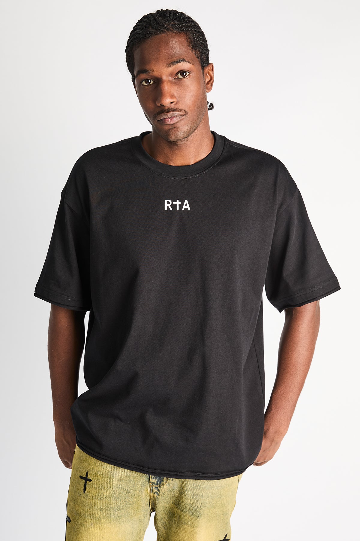Black Cotton Elian Double Layered Tee - Front Model View | RTA