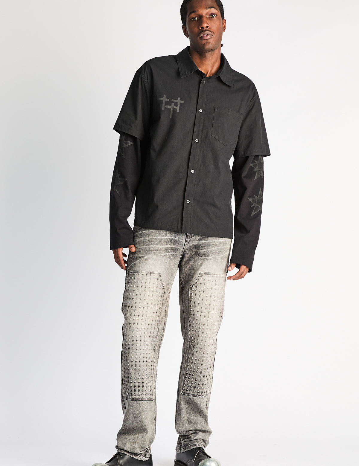 Grey Designer Carpenter Jeans Styled with Black Shirt - Full Body Front | RTA
