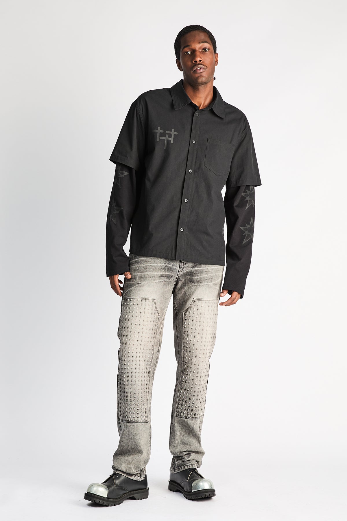 Grey Designer Carpenter Jeans Styled with Black Shirt - Full Body Front | RTA