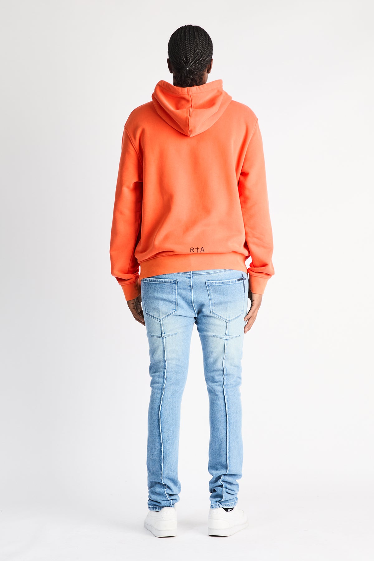Glacier Blue Clayton Skinny Jeans with Orange Hoodie - Back Styled Look | RTA