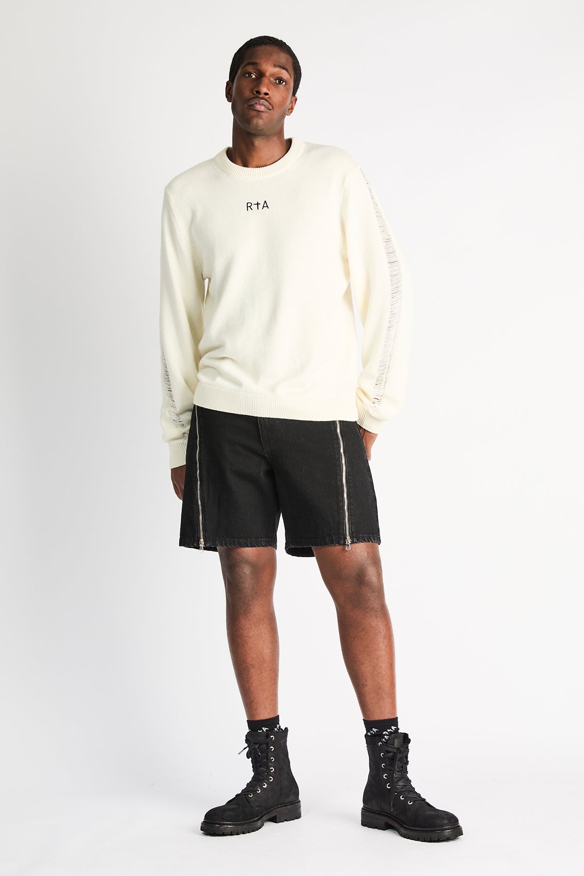 Black Denim Caleb Shorts with Sweater - On Model Front | RTA