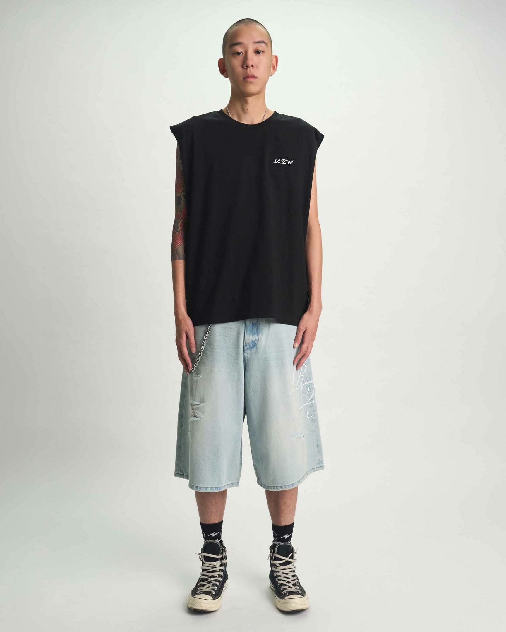 Light Blue Denim Shorts with Black Tank Top - Full Body Front | RTA