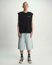 Light Blue Denim Shorts with Black Tank Top - Full Body Front | RTA