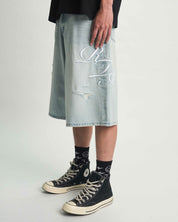 Light Blue Designer Denim Shorts with Cursive Logo - Side Styling Detail | RTA