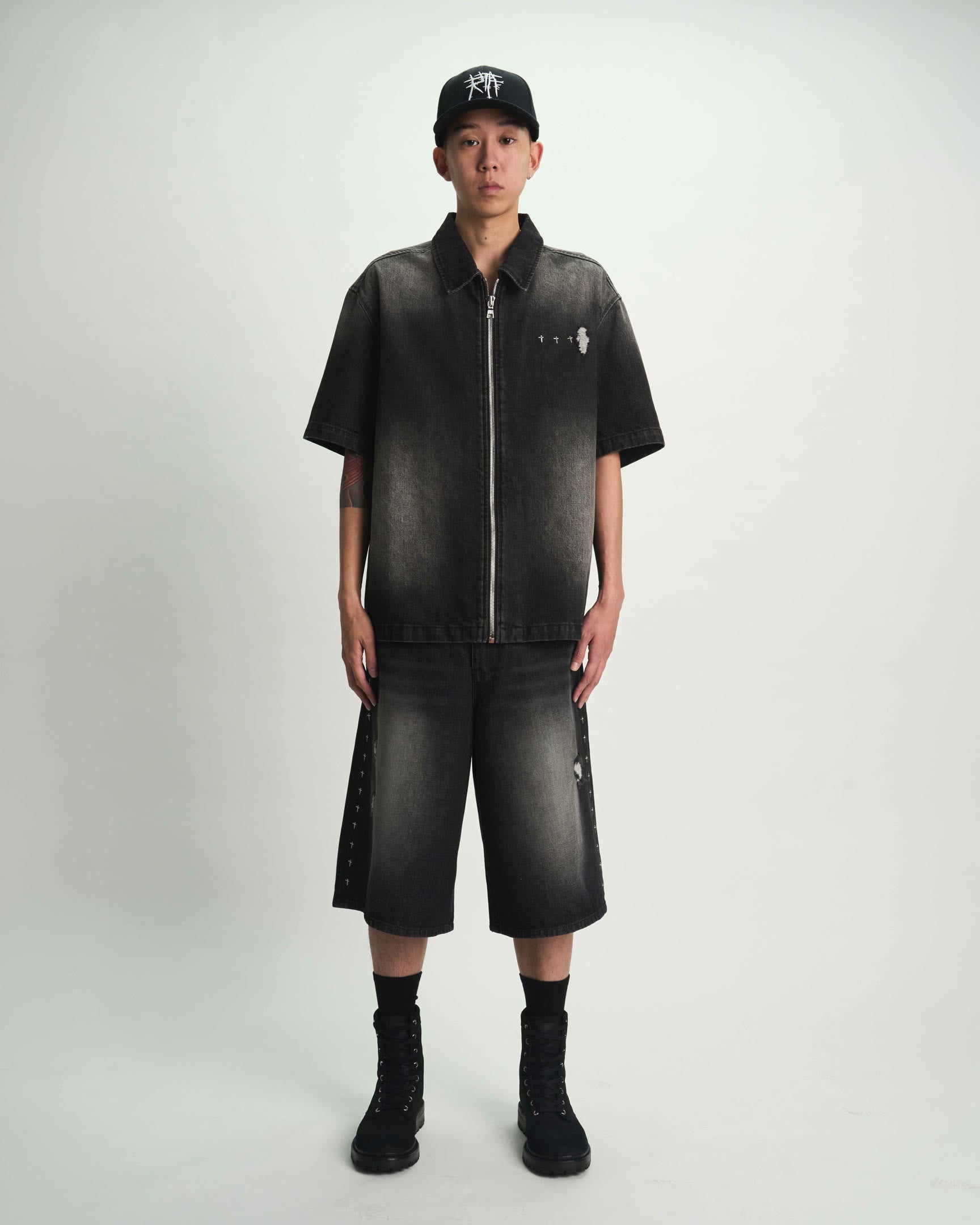 Gustavo Fray Noir Side Cross Denim Short On Model Full Look - Front View | RTA