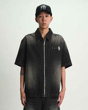 Black Faded Zip-Up Denim Shirt - On Model Front View, Luxury Streetwear Look | RTA