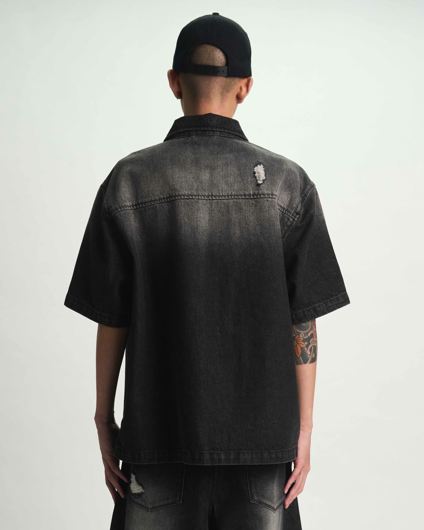 Black Distressed Denim Zip-Up Shirt - On Model Back View with Fray Detail | RTA