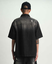 Black Distressed Denim Zip-Up Shirt - On Model Back View with Fray Detail | RTA