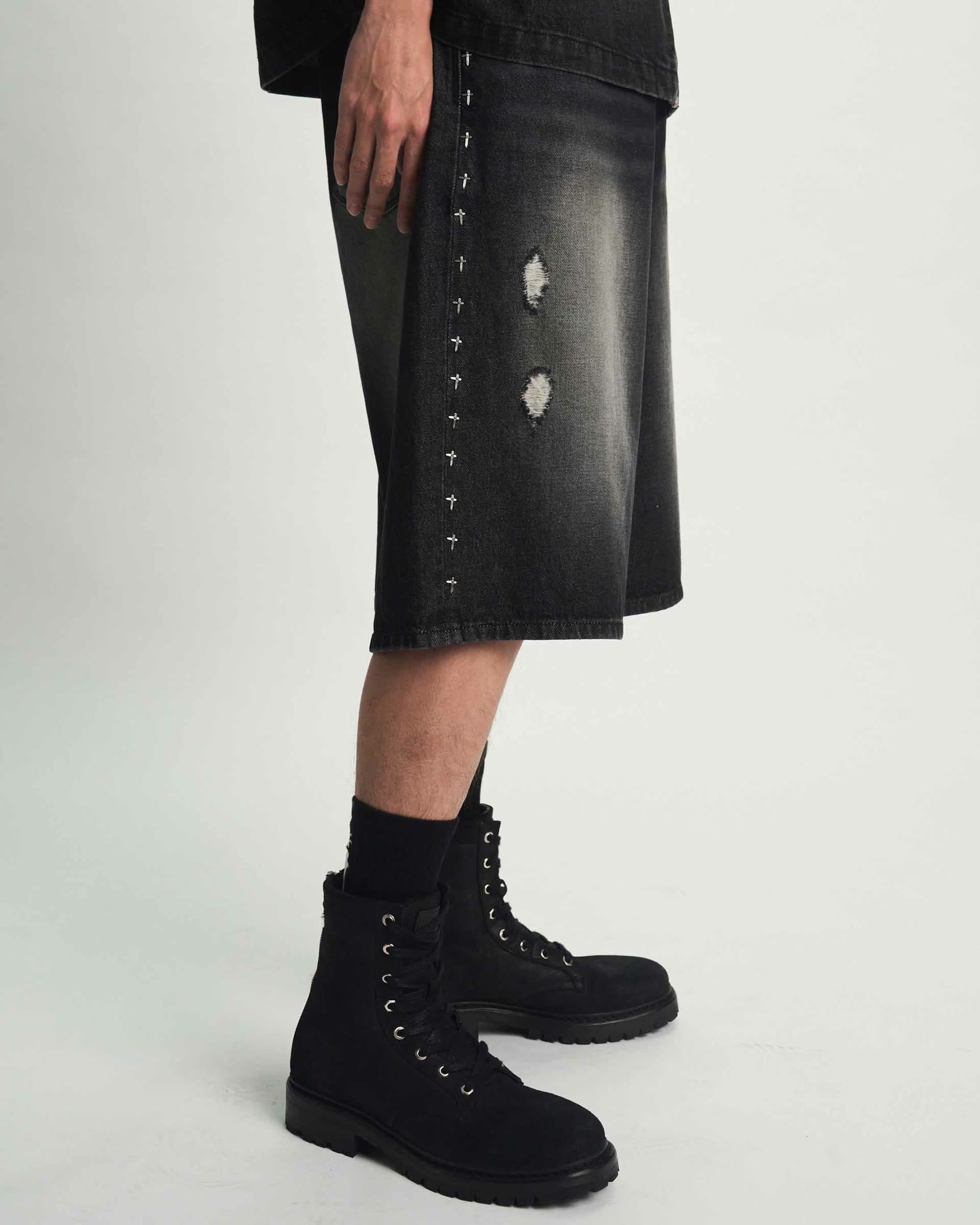 Black Baggy Denim Short with Silver Side Cross Detail On Model - Side Profile | RTA
