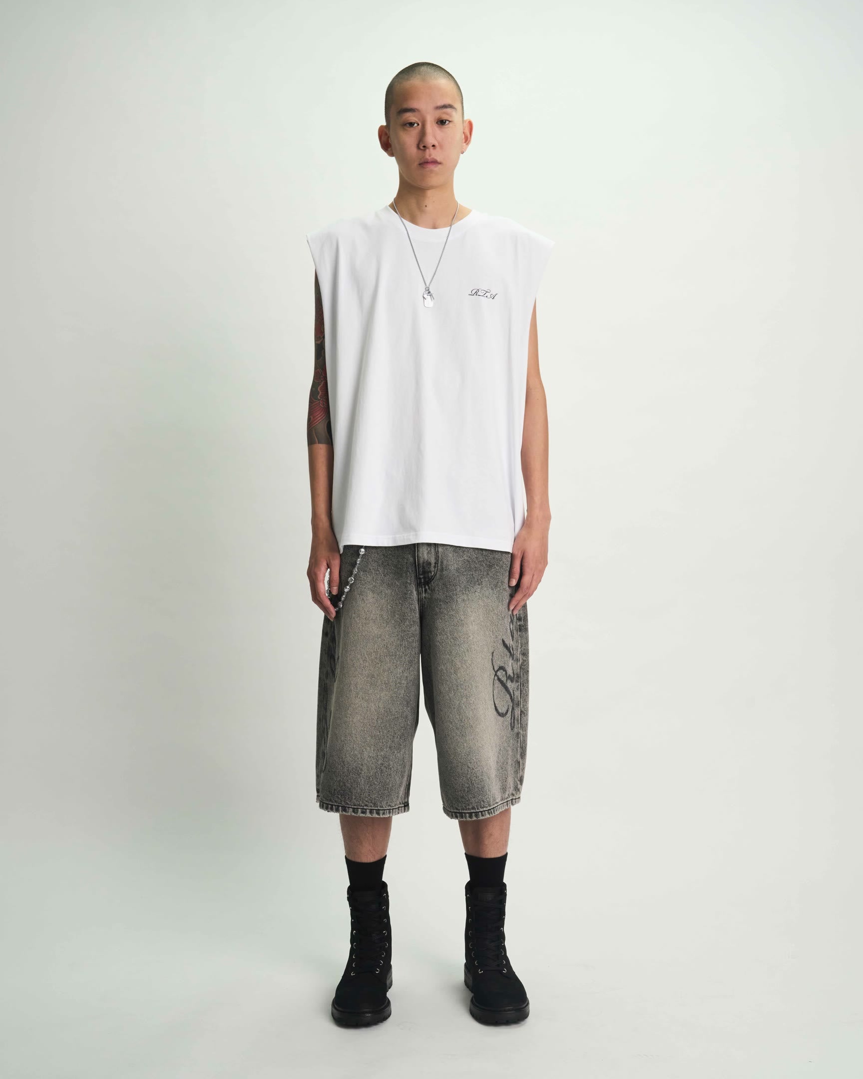 Stone Haze Laser Denim Baggy Shorts - On Model Full Front View, Luxury Streetwear | RTA