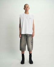 Stone Haze Laser Denim Baggy Shorts - On Model Full Front View, Luxury Streetwear | RTA