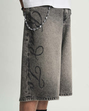 Grey Washed Baggy Denim Short - Side Detail with Laser Script Graphic and Chain | RTA