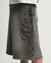 Stone Haze Laser Denim Short - On Model Left Side Graphic Script Close-Up | RTA