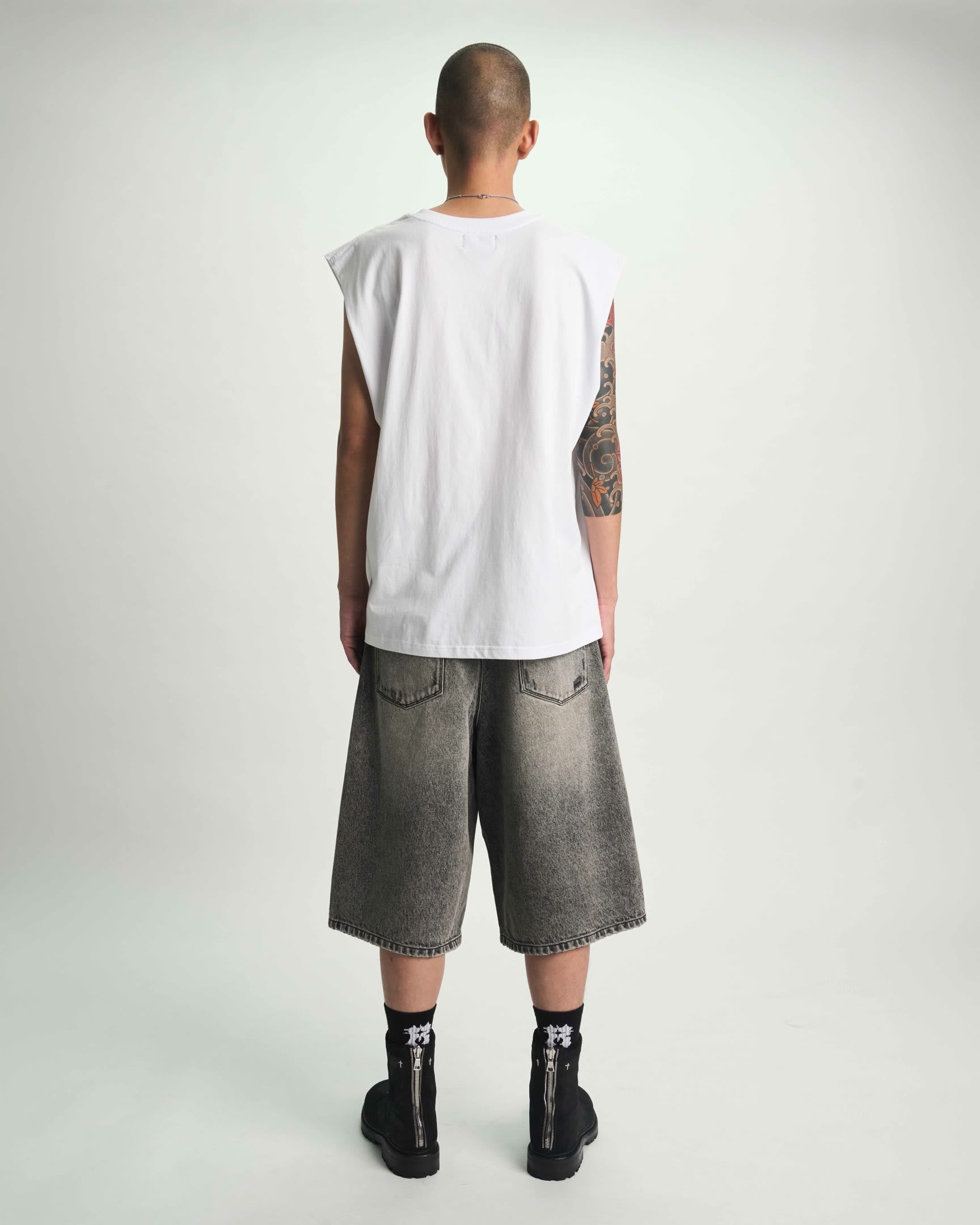 Stone Haze Laser Denim Baggy Shorts - On Model Back View, Designer Streetwear | RTA