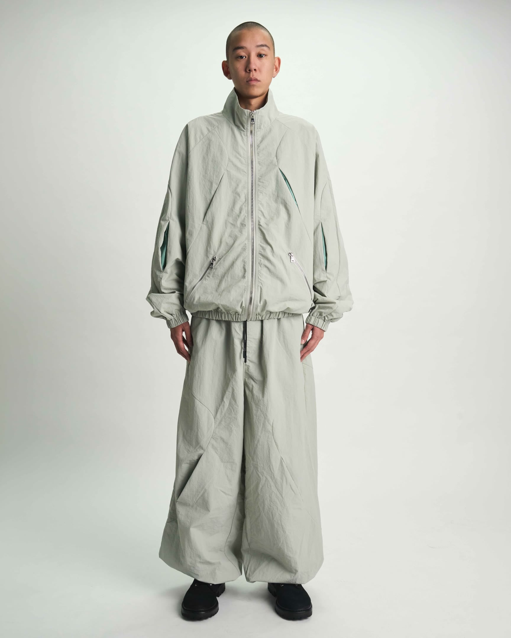 Smoke Grey Nylon Streetwear Parachute Pant - On Model Front, Styled Look | RTA
