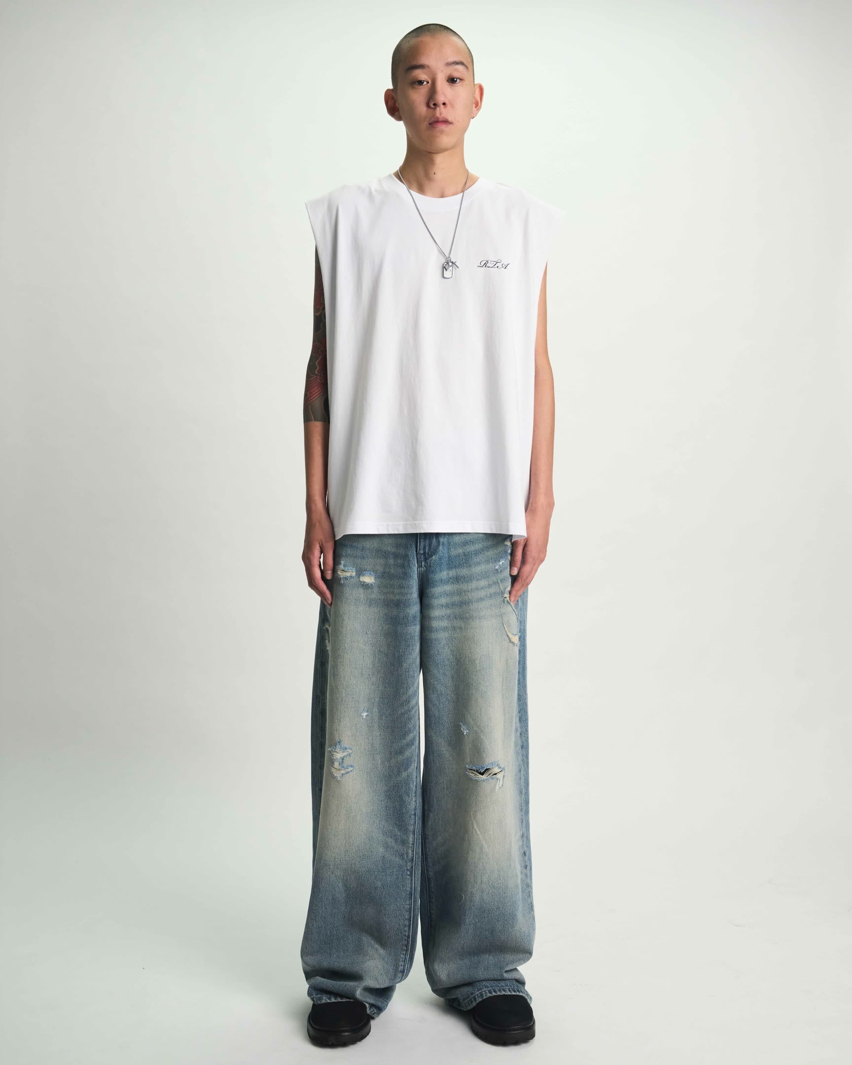 Golden Indigo Distressed Wide Leg Jean - On Model Front View | RTA