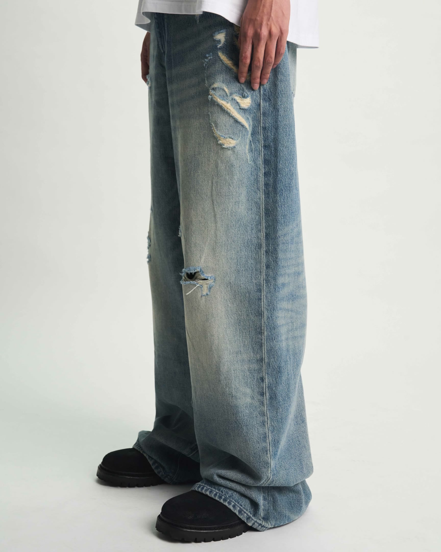 Golden Indigo Laser Denim Wide Leg Jean - Side Detail with Ripped Distressing | RTA
