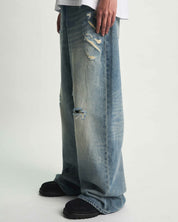 Golden Indigo Laser Denim Wide Leg Jean - Side Detail with Ripped Distressing | RTA
