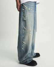 Golden Indigo Laser Wide Leg Jean - Side Close-Up Laser Script Detail | RTA