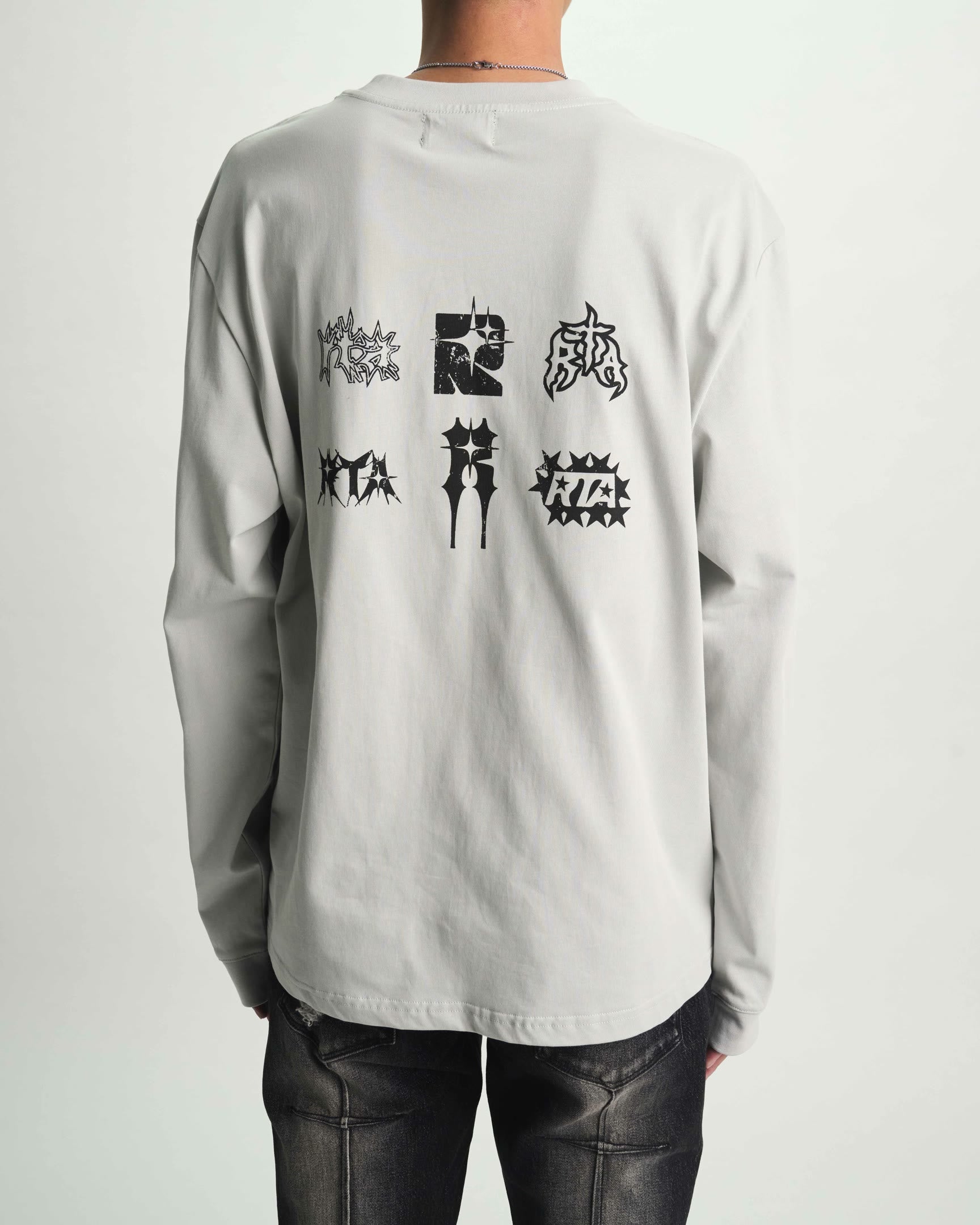 Smoke Grey Luxury Streetwear Long Sleeve Tee - On Model Back View, Spiked Graphic Print | RTA