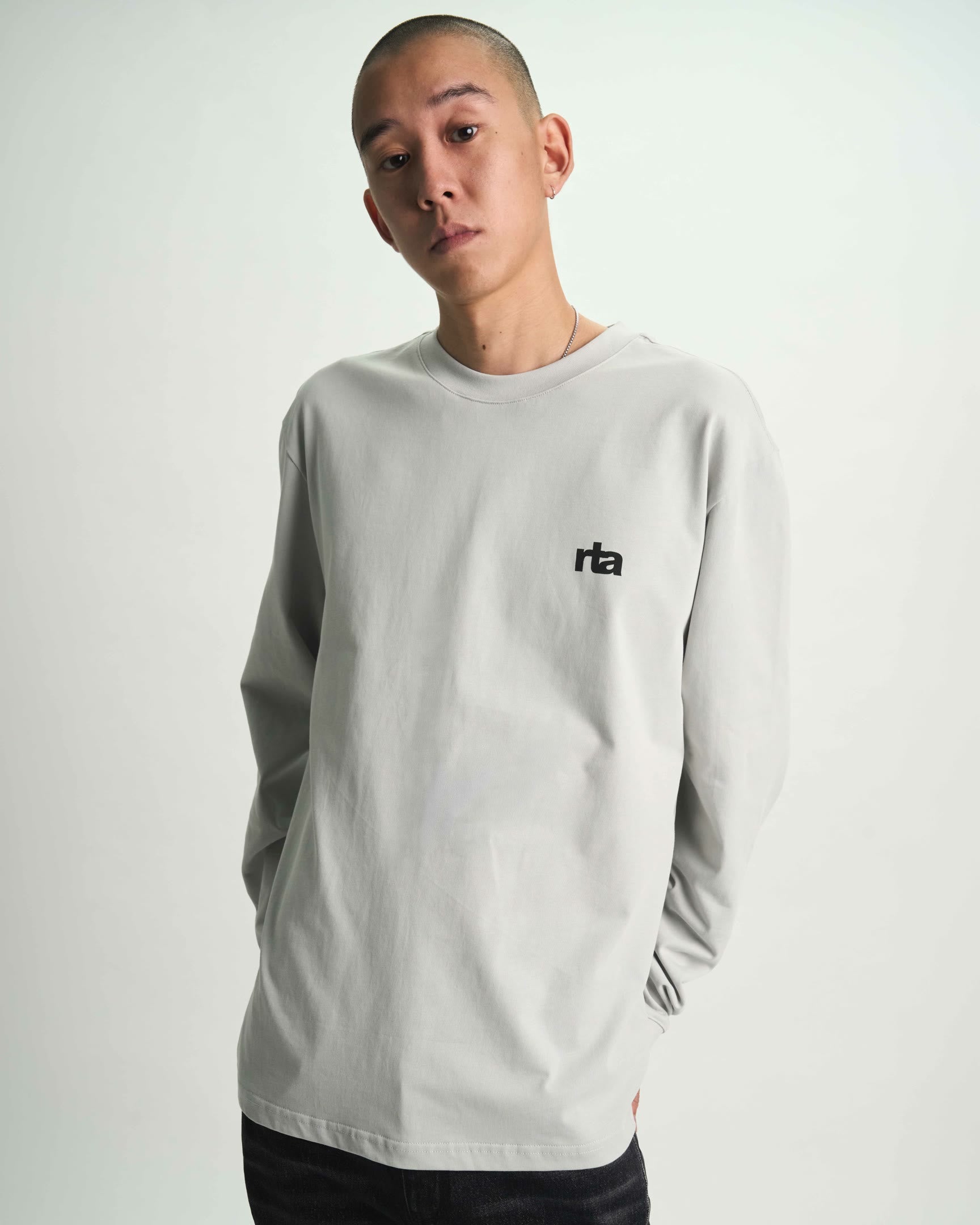 Smoke Grey Cotton Long Sleeve Tee - On Model Front View, Logo Chest Print | RTA